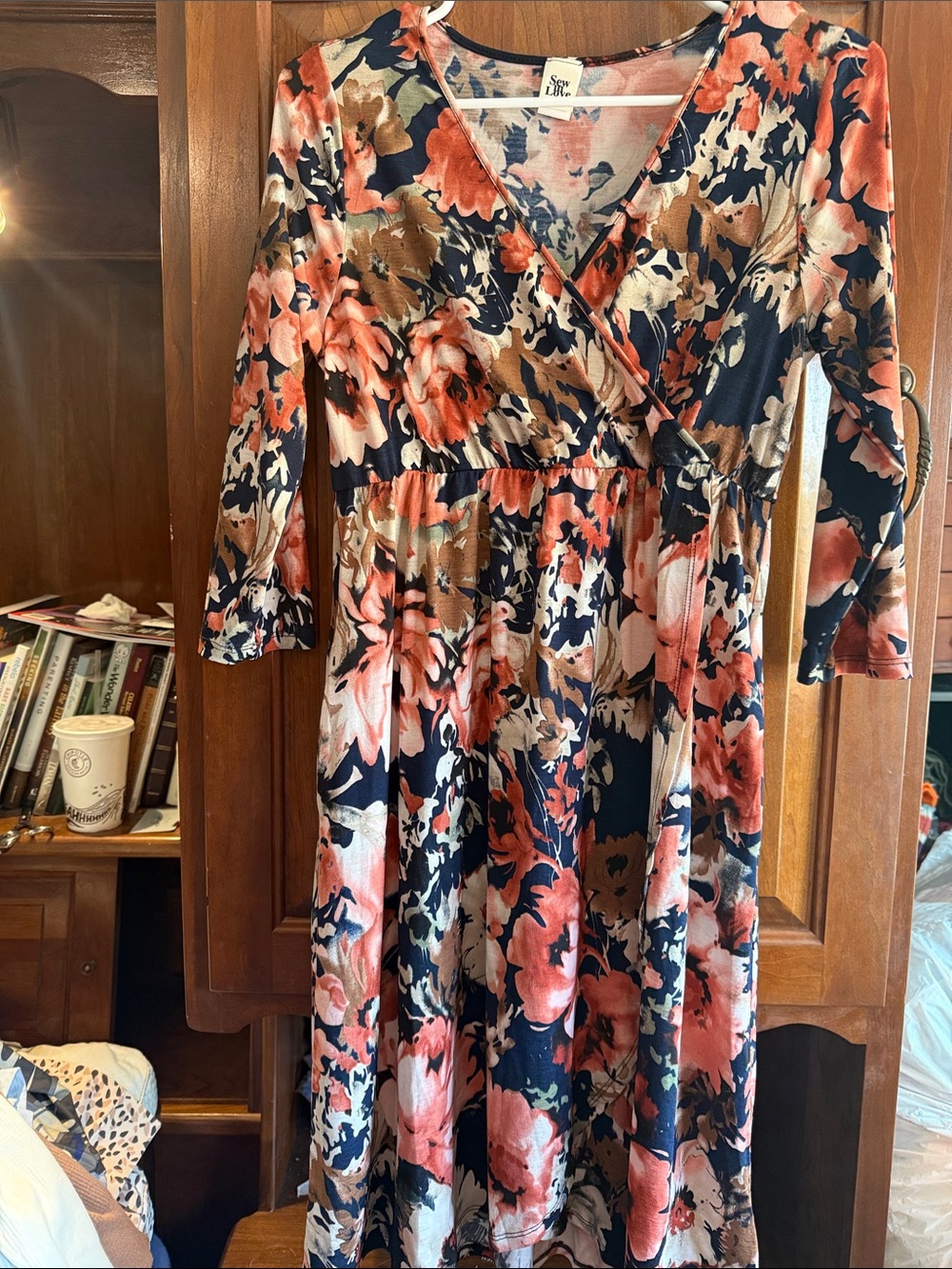 Sew In Love Coral Navy Brown Floral Wrap Midi Dress